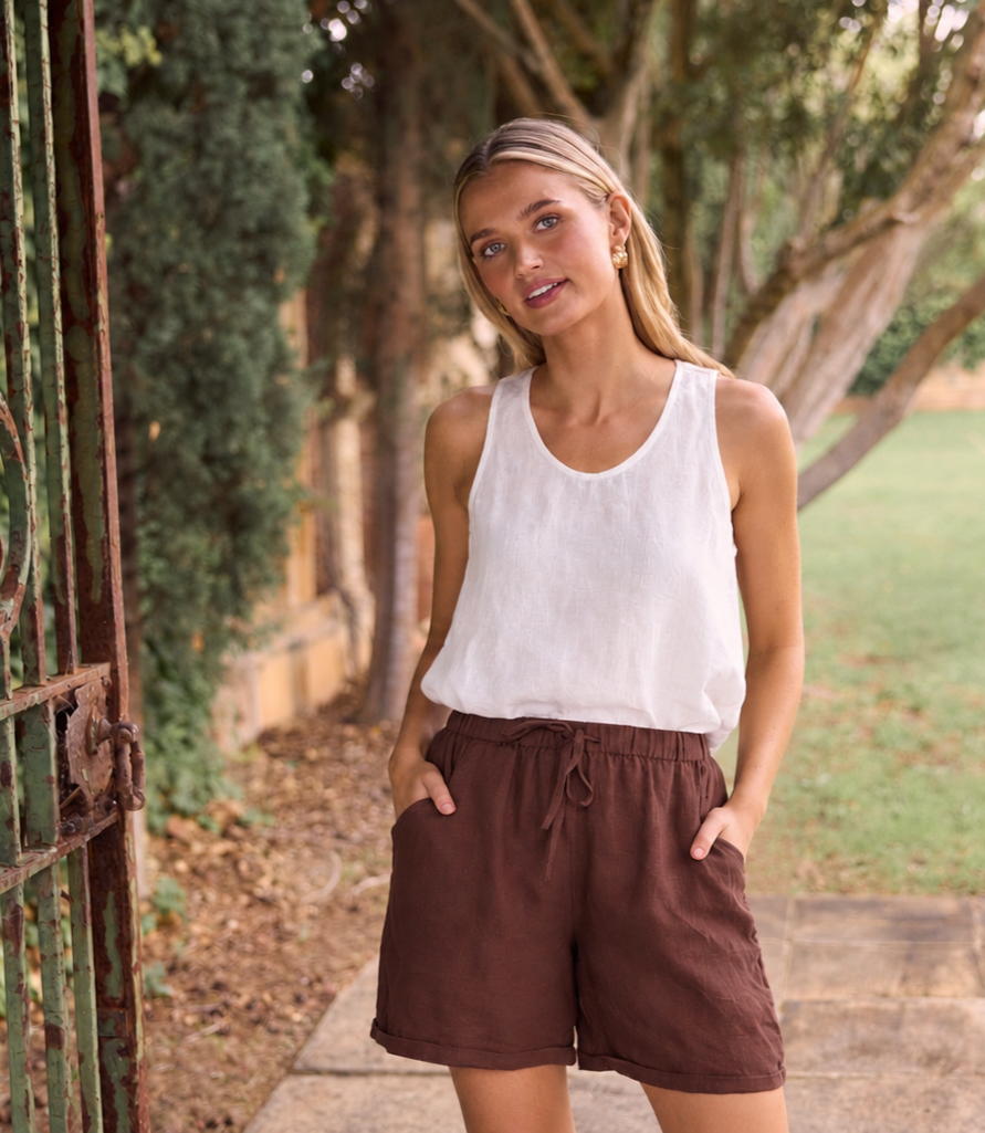 Shanty Dune Linen Shorts - White and Chocolate