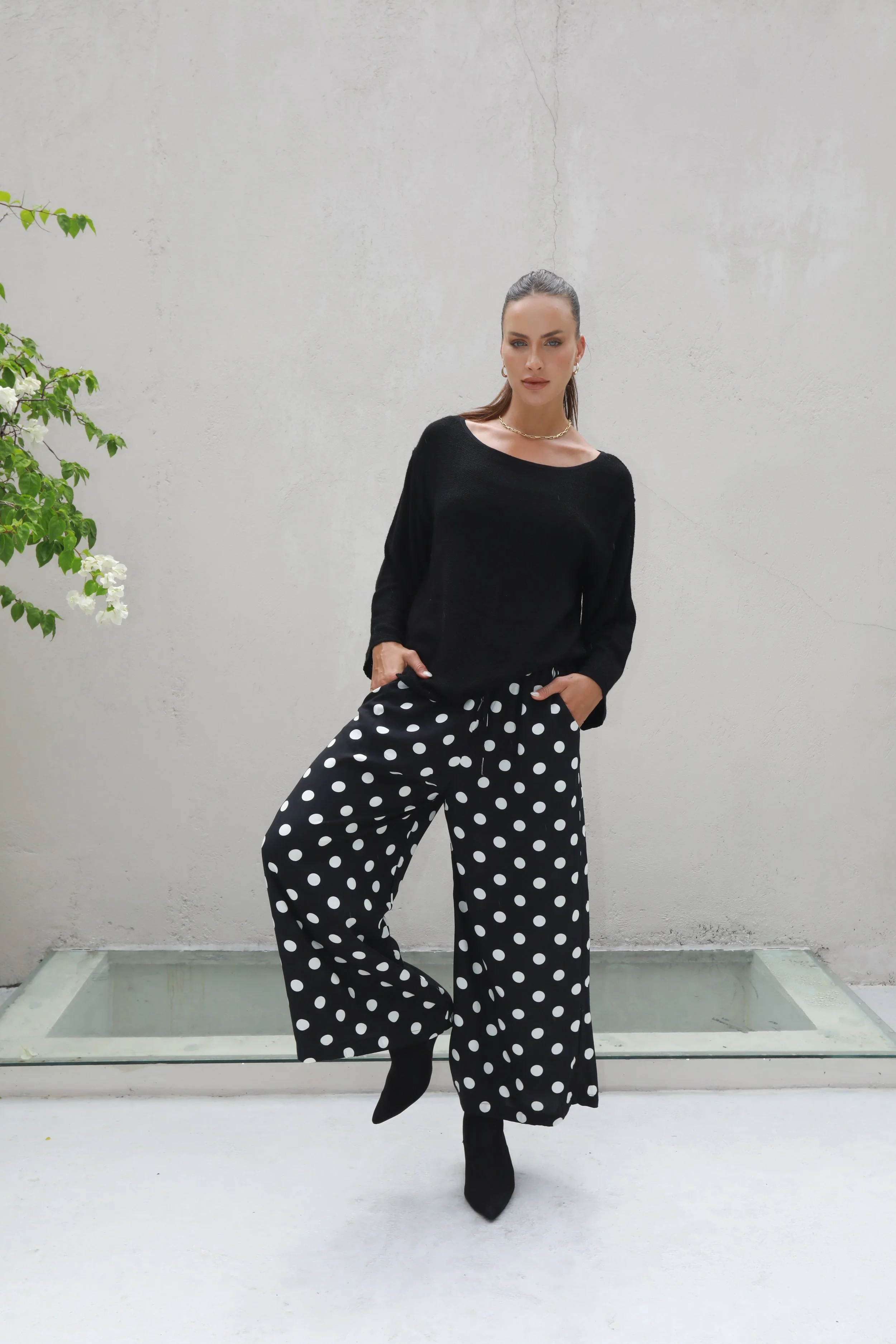 Carbon-C4053 Milo Spot Wide Leg Pant - Black_White-CottonWool