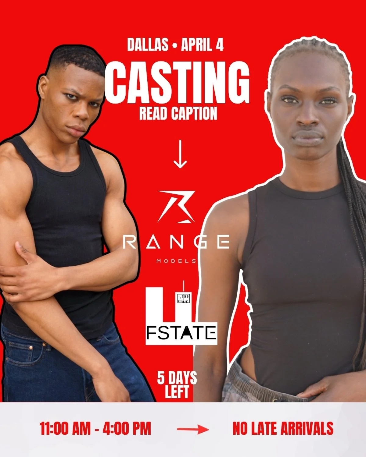 DALLAS CASTING &mdash; APRIL 4 ⚡

@thefstate + @rangemodelsny

Dallas talent, this is the call.
We&rsquo;re teaming up to cast men and women, ages 18&ndash;24, right here in Dallas.

Follow @thefstate
Follow @rangemodelsny
Share with a model friend.
