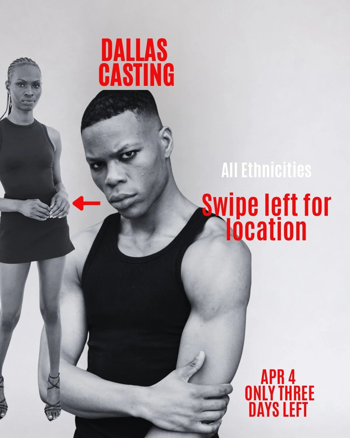 DALLAS CASTING &mdash; APRIL 4 ⚡

@thefstate + @rangemodelsny

Dallas talent, this is the call.
We&rsquo;re teaming up to cast men and women, ages 18&ndash;24, right here in Dallas.

Follow @thefstate
Follow @rangemodelsny
Share with a model friend.
