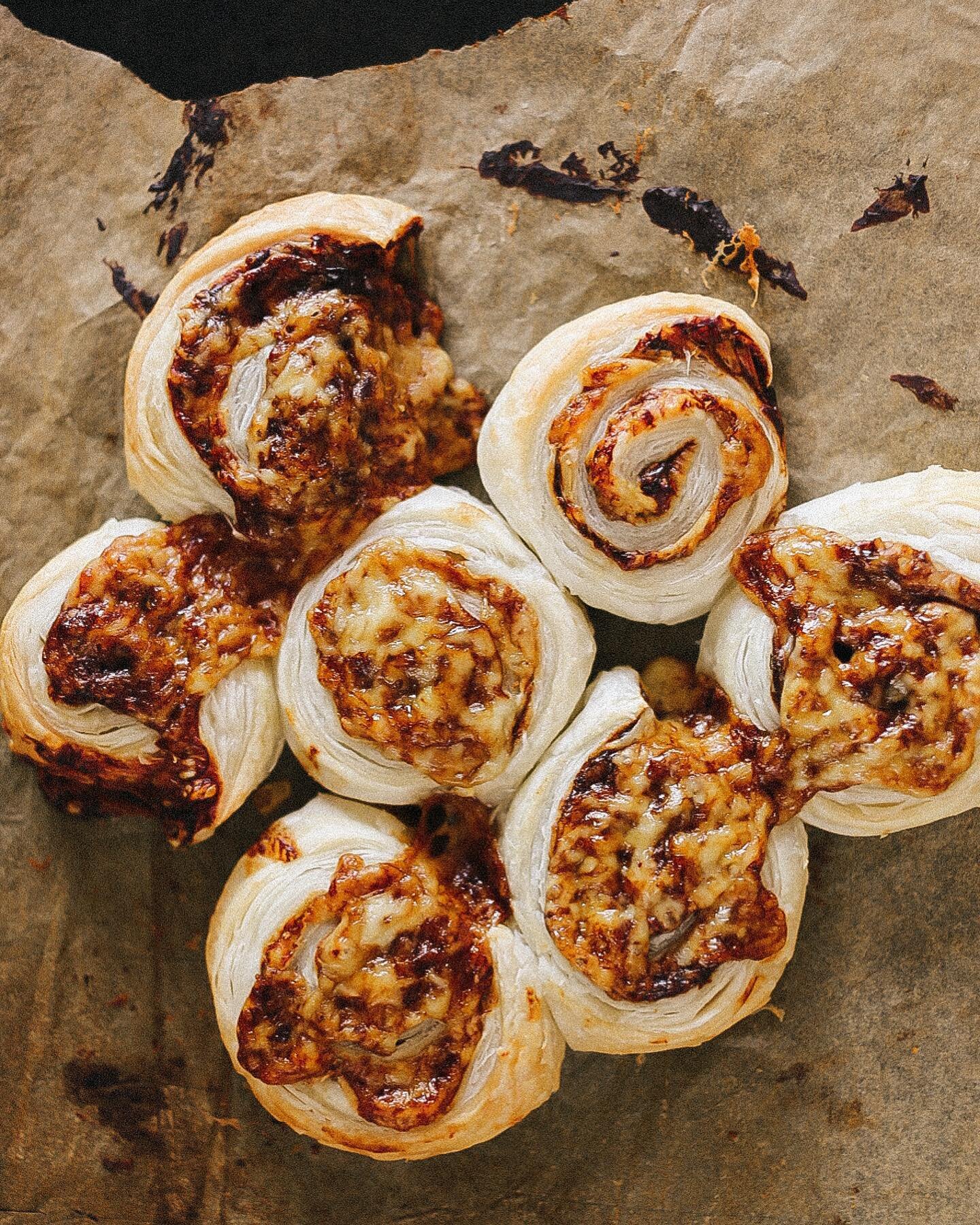 3 ingredient pinwheels. So simple! So cheesy! So satisfying! So easy! 
Pop your oven on 200 C, and line a tray with baking paper. 
Spread a thin layer of Vegemite or marmite onto a sheet of puff pastry. Pizza sauce and some herbs is another idea. Spr