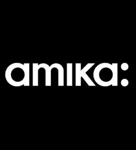 The logo features the word 'amika' in bold white lowercase letters on a black background.