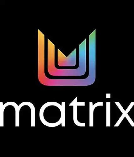Color logo with the letter K in large font, with a white letter the word 'matrix' 