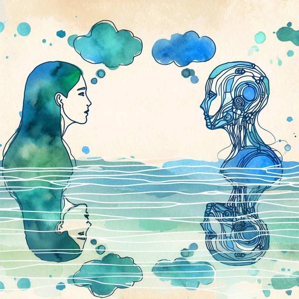 Line art drawing with blue and green watercolour washes of two figures, one human, one AI, shoulder deep in water, facing each other, with thought bubbles between them showing collaboration.