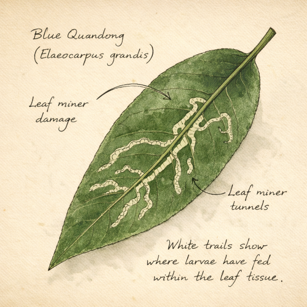 Blue Quandong &amp; leaf-miner damage (“insect calligraphy”)