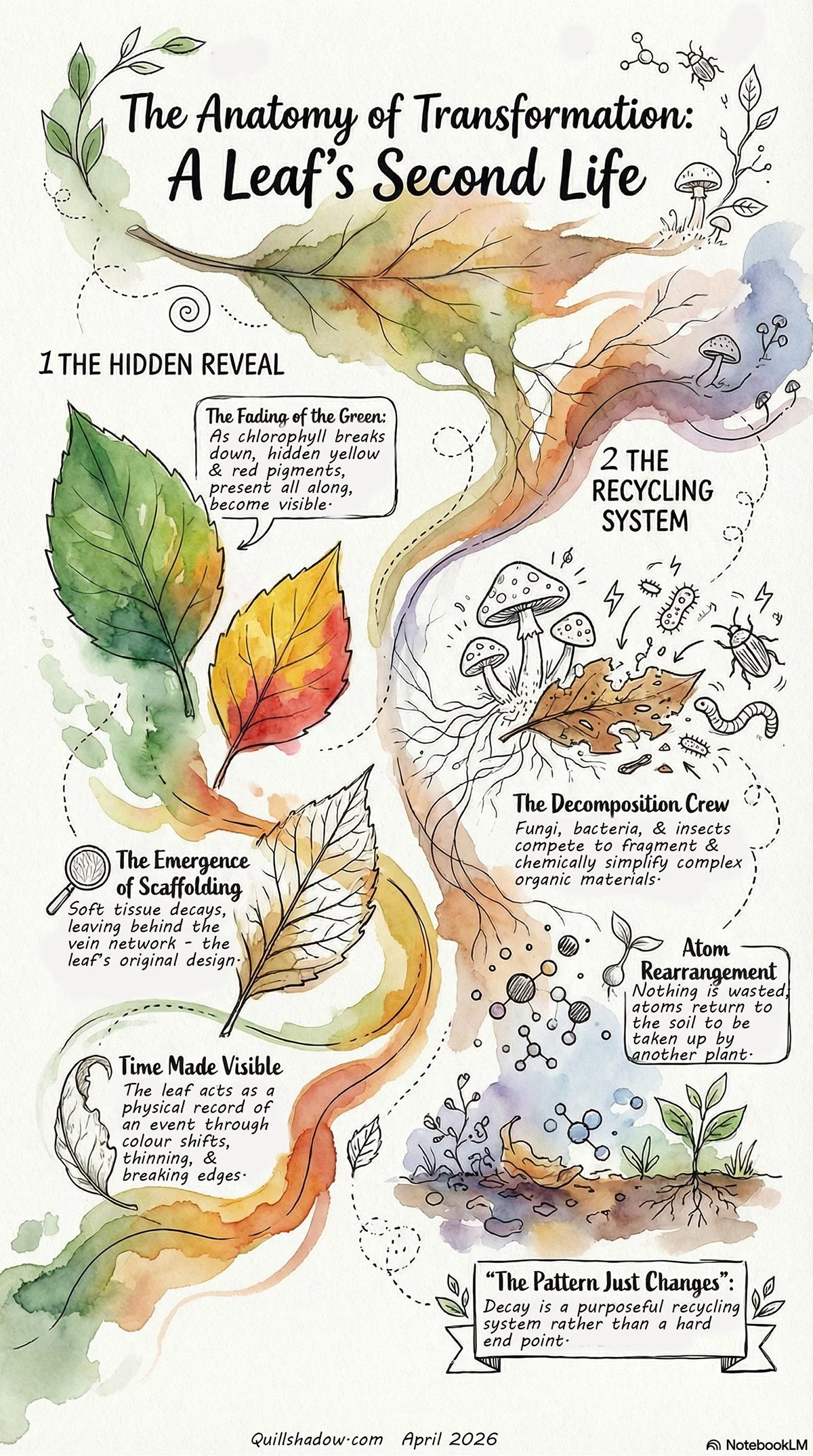 An infographic explaining the process of leaf decay from pigment changes to organic reconstruction by microorganisms and insects.
