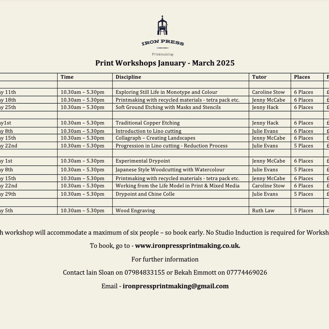 It's here!! The new timetable is up and running on the website - place are getting booked up already - so don't delay! Book here: https://www.ironpressprintmaking.co.uk/workshops

We look forward to you joining us for some inky fun!!

#art #printmake
