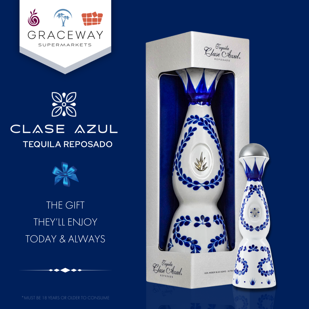 Premium product advertisement for Clase Azul Tequila created for Graceway Supermarkets, using a sophisticated dark-blue composition and detailed product photography to emphasize the luxury positioning of the brand.