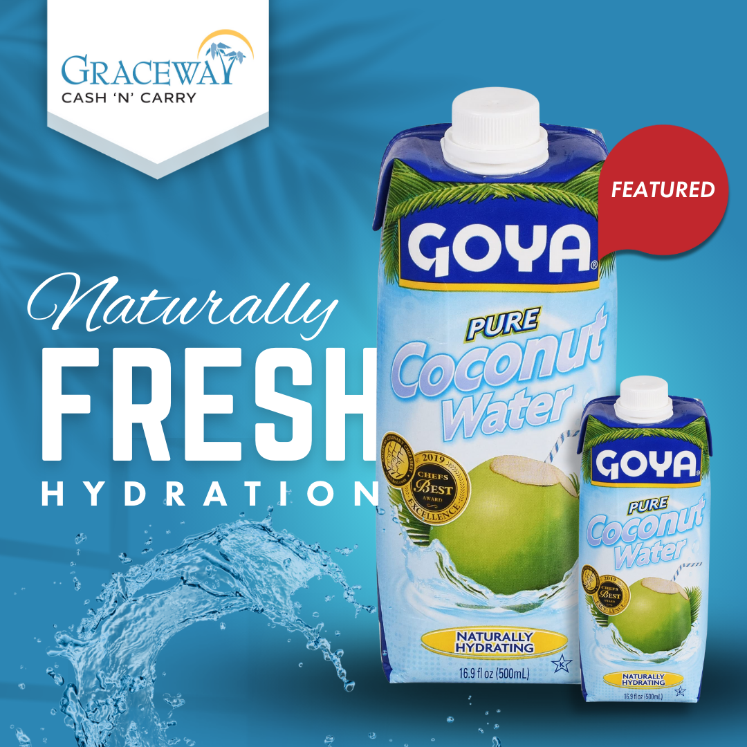 Product advertisement for Goya coconut water created for Graceway Supermarkets, using fresh water imagery to emphasize hydration.