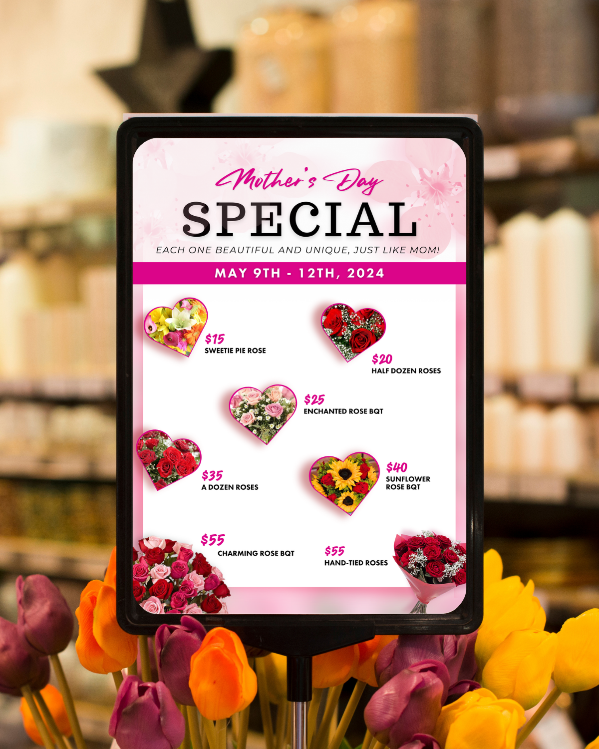 Instagram flyer indicating a Mother's Day flower sale from May 9th to 12th, 2024. The flyer lists various flower arrangements with prices, including sweetheart pie rose for $15, half dozen roses for $20, enchanted rose bouquet for $25, a dozen roses for $35, sunflower rose bouquet for $40, charming rose bouquet for $55, and hand-tied roses for $55. The flyer is decorated with images of flowers and pink accents.