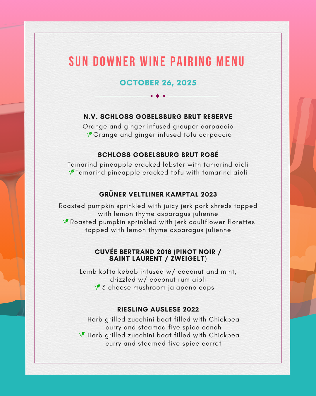 Semi-formal wine pairing event menu featuring a curated selection of wines paired with seafood, meat, and vegetable dishes, and designed with vibrant but elegant blues, pinks, and orange.