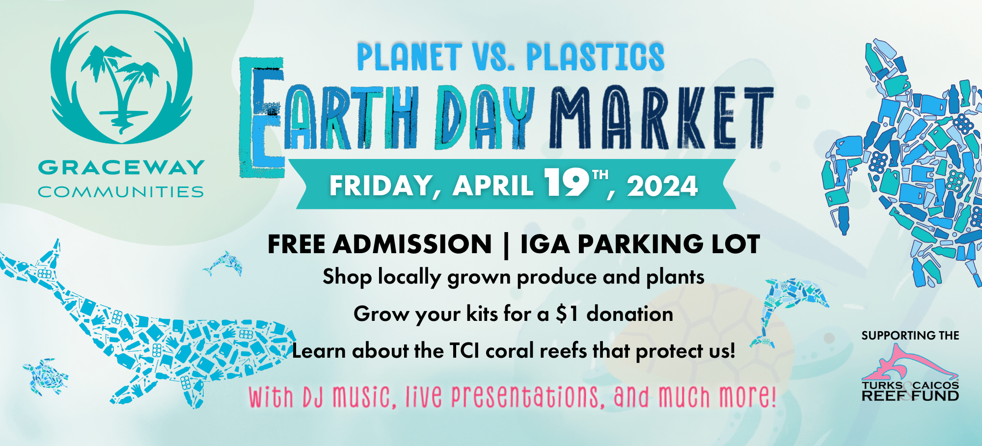 Event promotional graphic for Graceway Communities’ Earth Day Market, highlighting local produce, plants, environmental education, and entertainment.