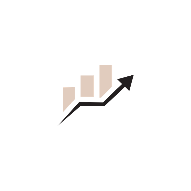 A black line graph with upward trend and three beige bars increasing in height, symbolizing growth or progress.
