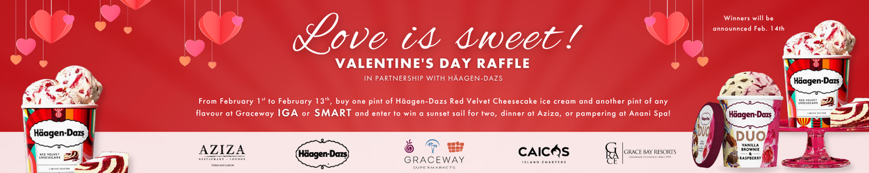 Co-branded Valentine’s Day promotional campaign graphic for Graceway Supermarkets and Häagen-Dazs, promoting a raffle for a romantic getaway and dining experience.