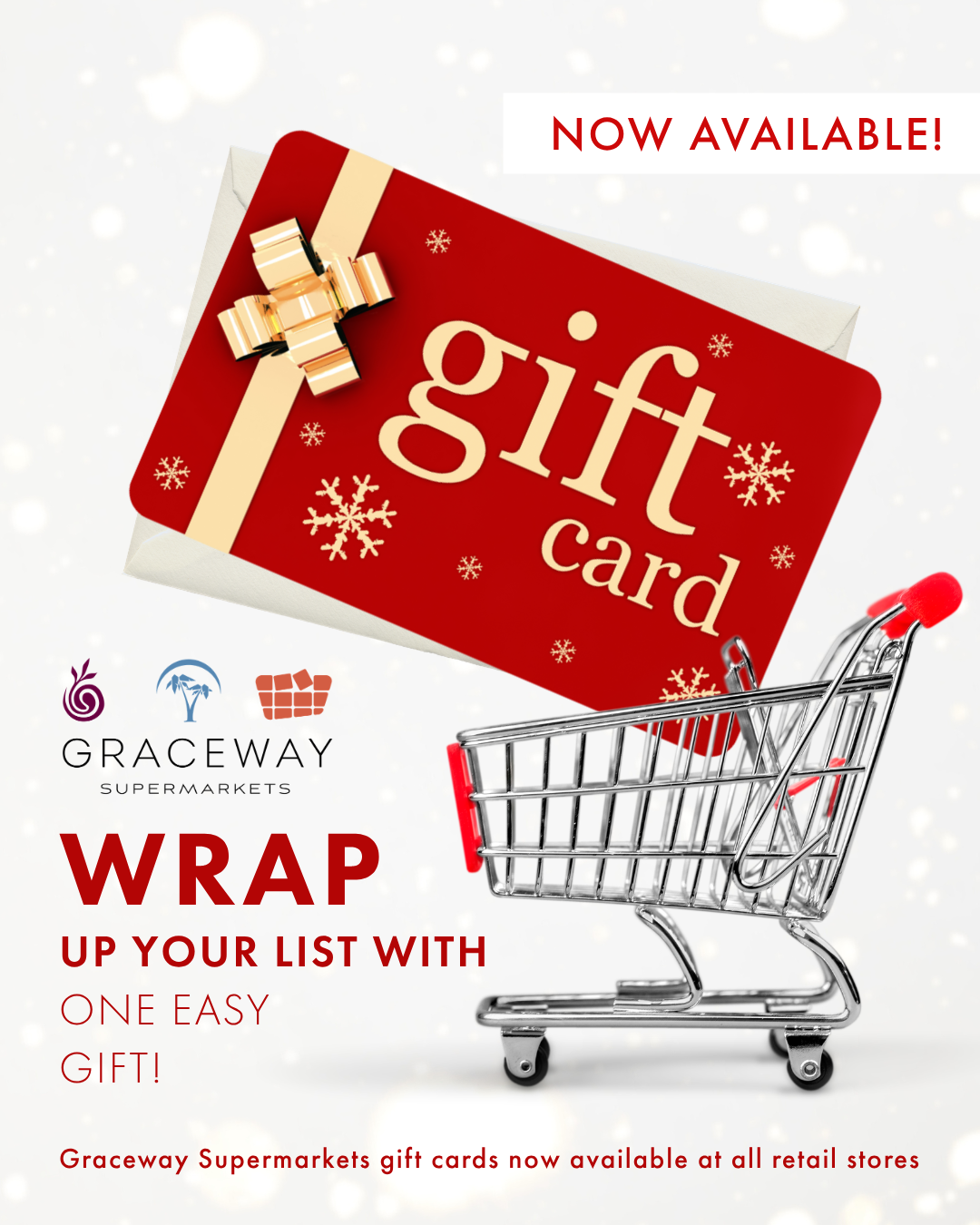 Holiday promotional graphic for Graceway Supermarkets gift cards, using seasonal imagery and a playful shopping concept to encourage gift-card purchases.