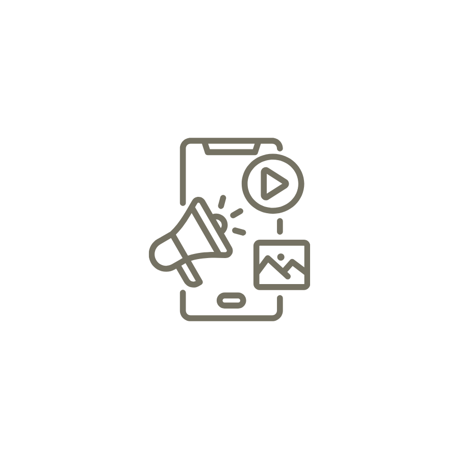 Icons representing multimedia content on a mobile device, including a loudspeaker, a play button, and an image gallery.