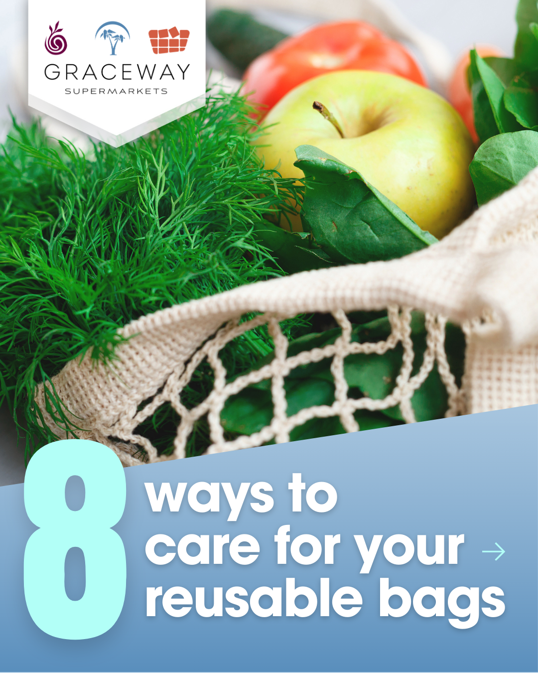 Educational social media graphic encouraging reusable bag adoption, using bold typography and lifestyle imagery to communicate eight practical sustainability tips.