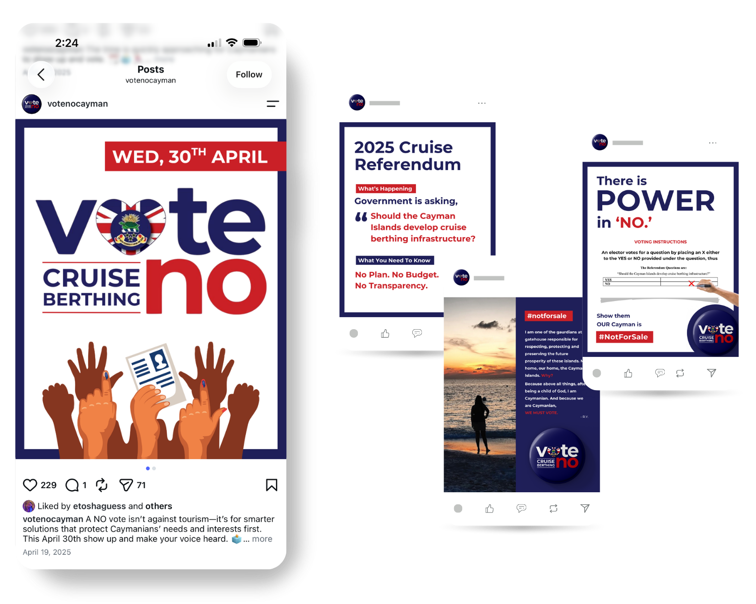 Social media posts promoting a vote no campaign against cruise berthing in the Cayman Islands, including images of hands holding a voting card, a sunset scene, and a voting form emphasizing power in no.