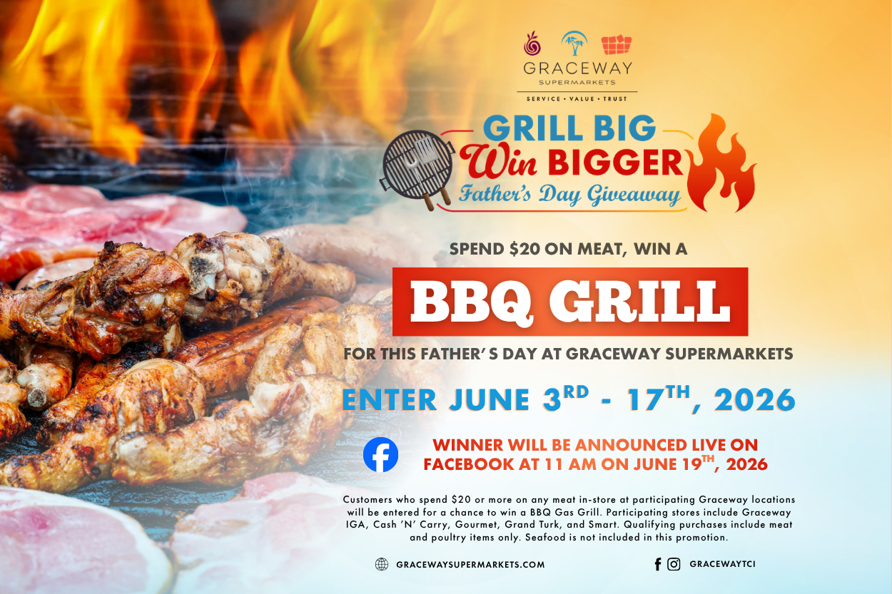 Promotional banner designed for Graceway Supermarkets' Father's Day Giveaway, featuring a barbecue grill with meat cooking over flames, and a headline offering a chance to win a BBQ grill when spending $20 on meat.