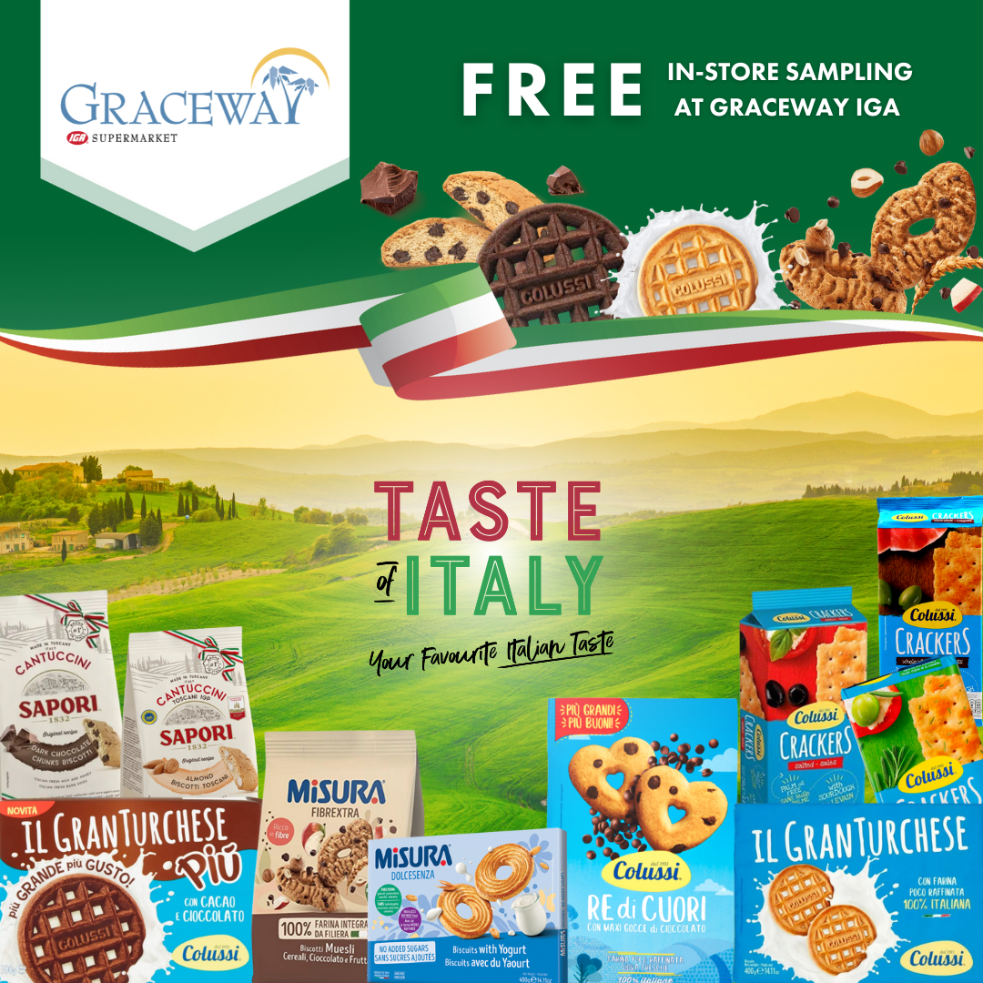 In-store sampling campaign graphic for Graceway Supermarkets promoting Italian food products, combining a Tuscan-inspired landscape with product photography and bold lifestyle-focused messaging.