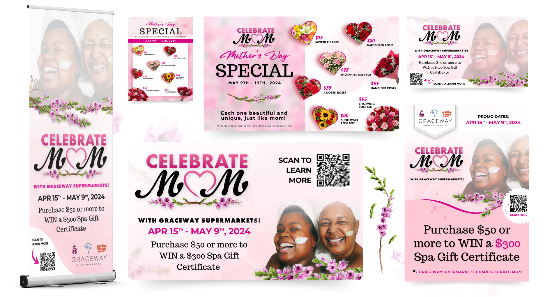 A collection of promotional flyers and banners for a Mother's Day event at Graceway Supermarkets, featuring floral decorations, images of smiling women, and details about a contest to win a spa gift certificate by purchasing products during the event date from April 15 to May 9, 2024.