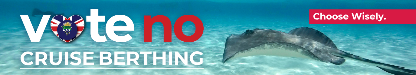 Campaign ad featuring a stingray underwater with bold "Vote No Cruise Berthing" and "Choose Wisely" text.