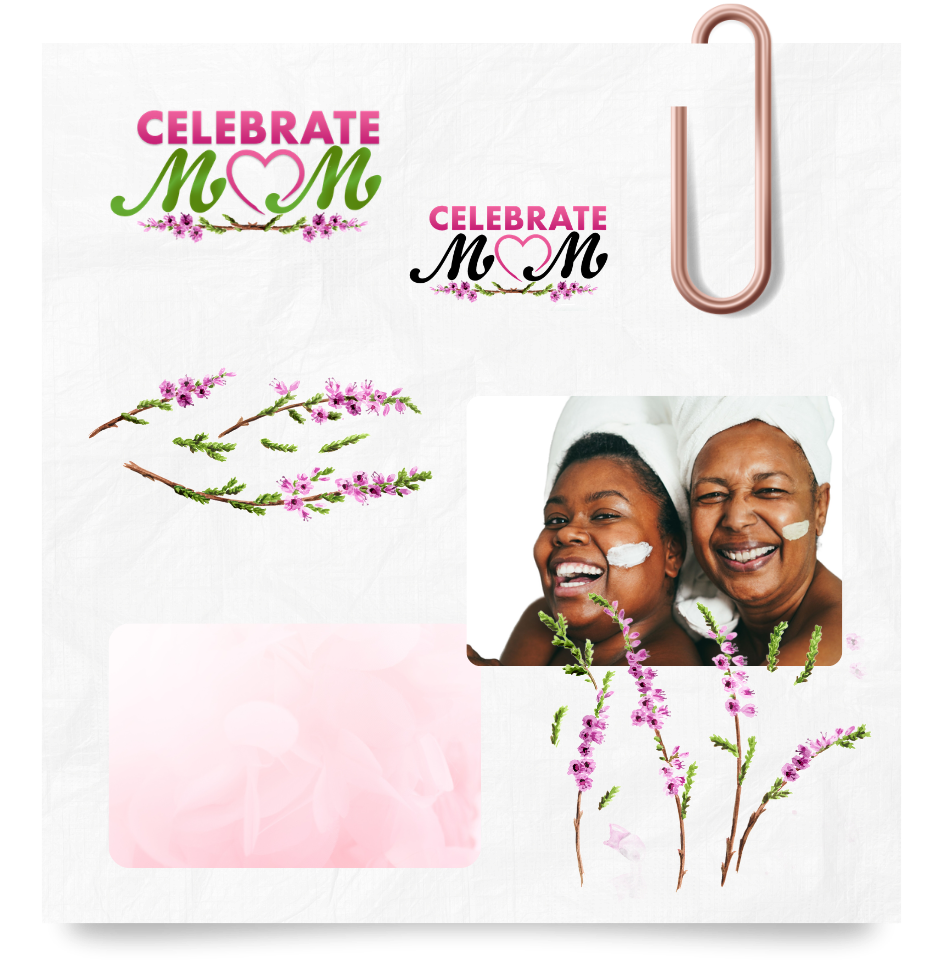 Decorative collage celebrating moms with text saying 'Celebrate Mom', flowers, a clamp clip, and a photo of a woman and young girl smiling with face masks, surrounded by pink and purple flowers.