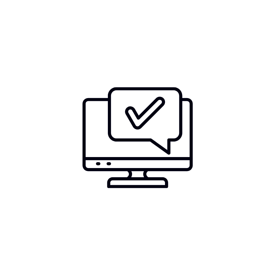 Computer monitor with a speech bubble and checkmark icon, representing online feedback or approval.