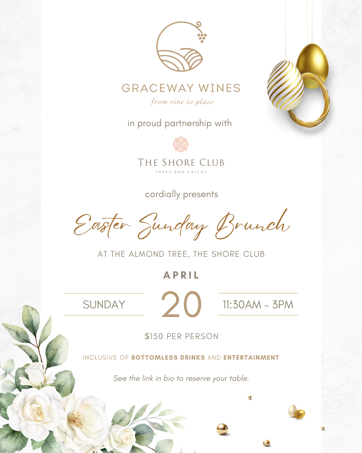 Event promotional invitation for The Shore Club’s Easter Sunday Brunch, using an elegant editorial layout, botanical imagery, and refined typography to convey a luxury dining experience.