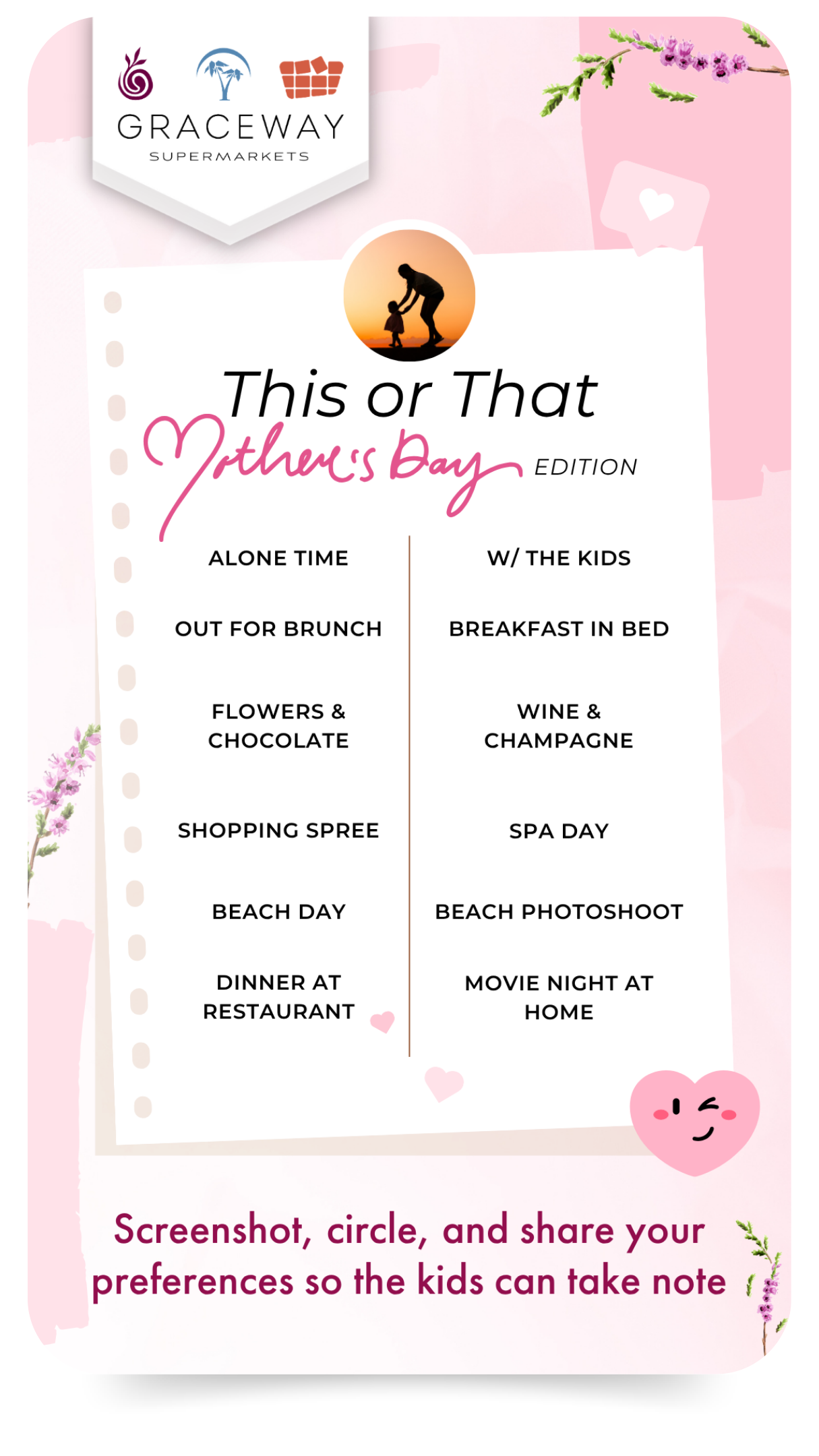 A Mother's Day edition of a photo checklist for a special day with romantic and family themes. Features icons of a sunset with a person and child, flowers, chocolate, and a heart. Contains a list of activities and preferences for celebrating Mother's Day, with options such as alone time, brunch, flowers and chocolate, shopping spree, beach day, dinner at a restaurant, with kids, breakfast in bed, wine and champagne, spa day, beach photoshoot, and movie night at home. Decorative pink hearts and floral accents add a festive touch.