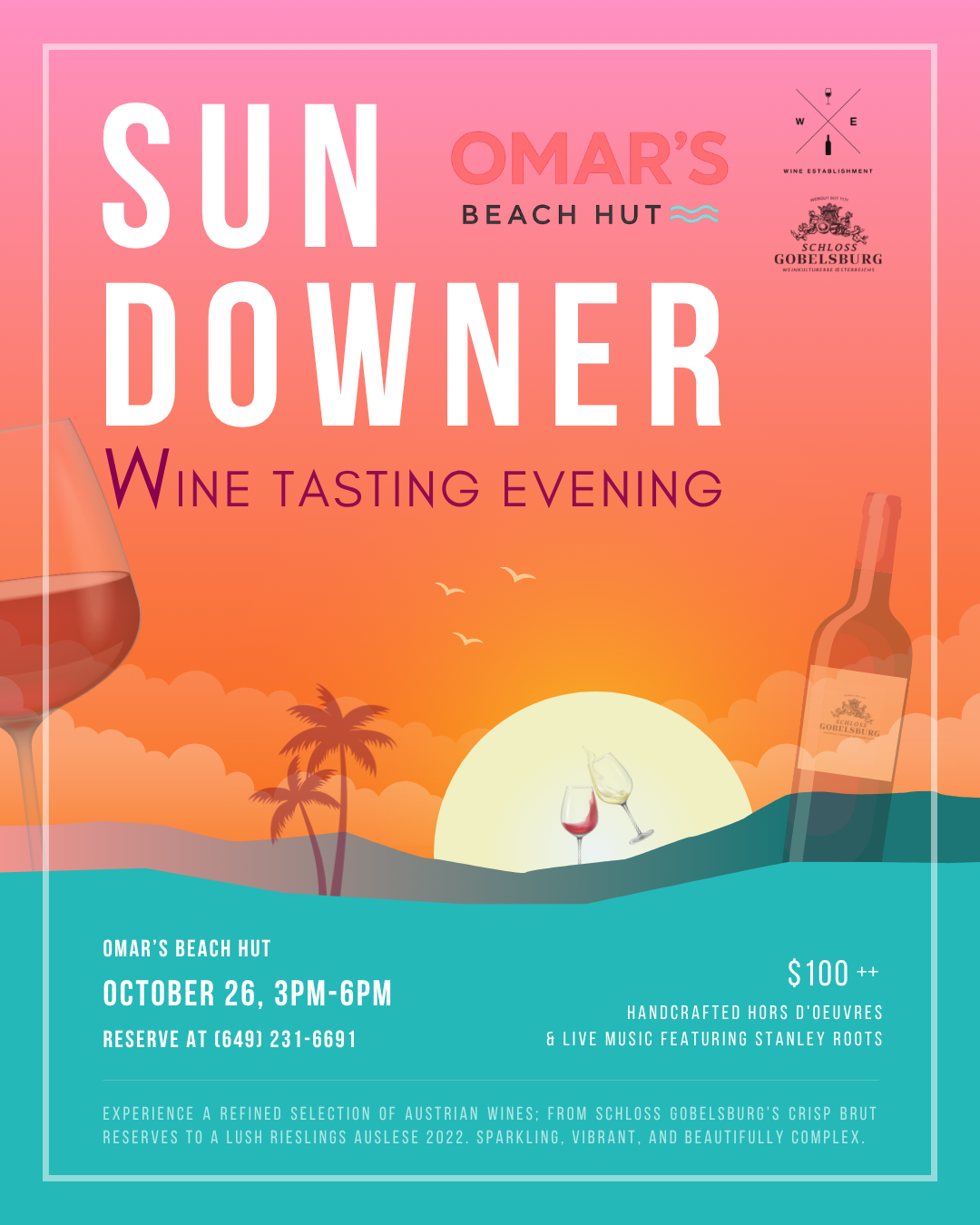 Event promotional poster for a Sun Downer wine tasting evening, combining sunset-inspired visuals, elegant typography, and event details to create an inviting destination experience.