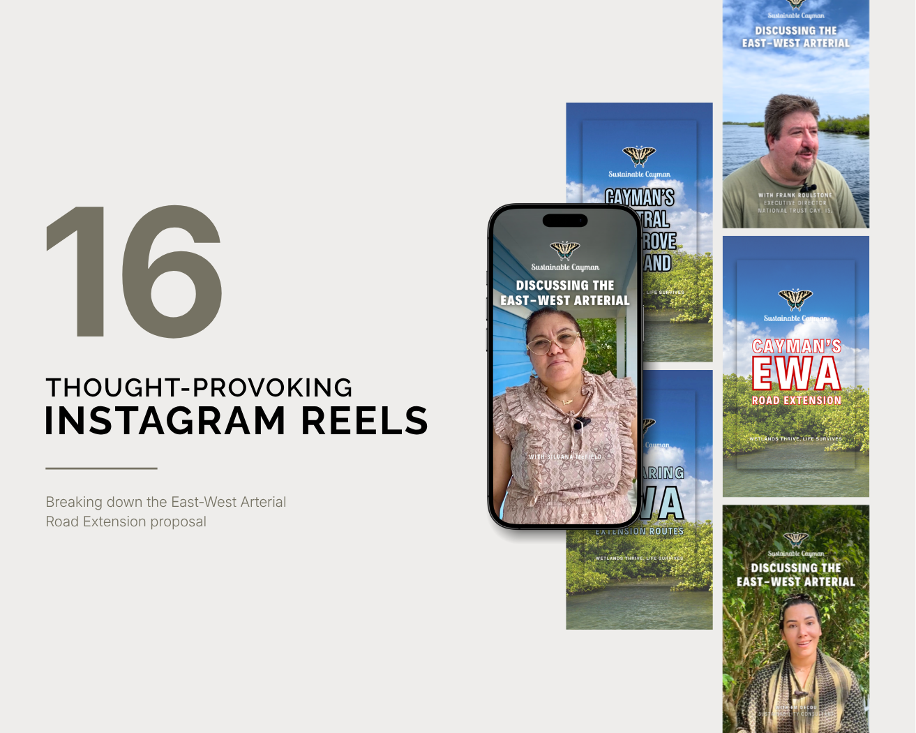 A presentation slide showing the title '16 Thought-Provoking Instagram Reels', with a subtitle 'Breaking down the East-West Arterial Road Extension proposal'. The slide features a graphic of a smartphone displaying a woman speaking, and is surrounded by various images of people and promotional material for the Cayman Islands, related to the East-West Arterial Road Extension project.
