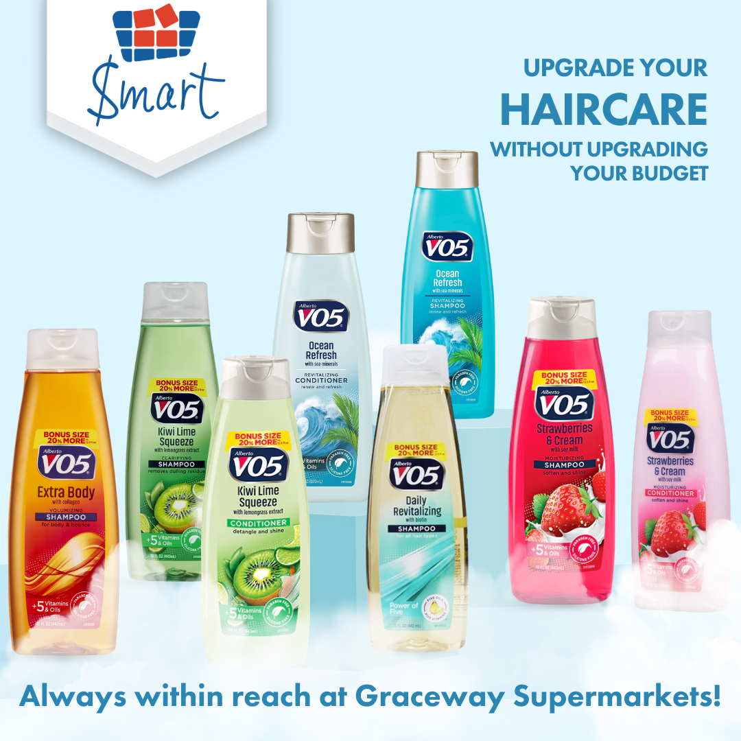 Product advertising graphic for Graceway Smart featuring a range of VO5 haircare products and messaging focused on affordable everyday beauty.