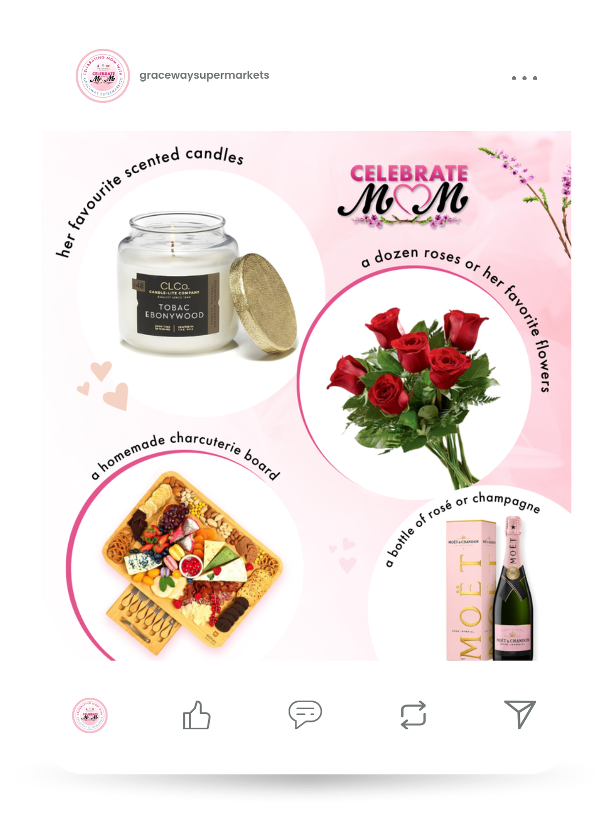 Social media gift ideas post design for Mother's Day, featuring a candle, bouquet of red roses, cheese and cracker platter, and a bottle of Moët champagne. Featured on instagram mockup.