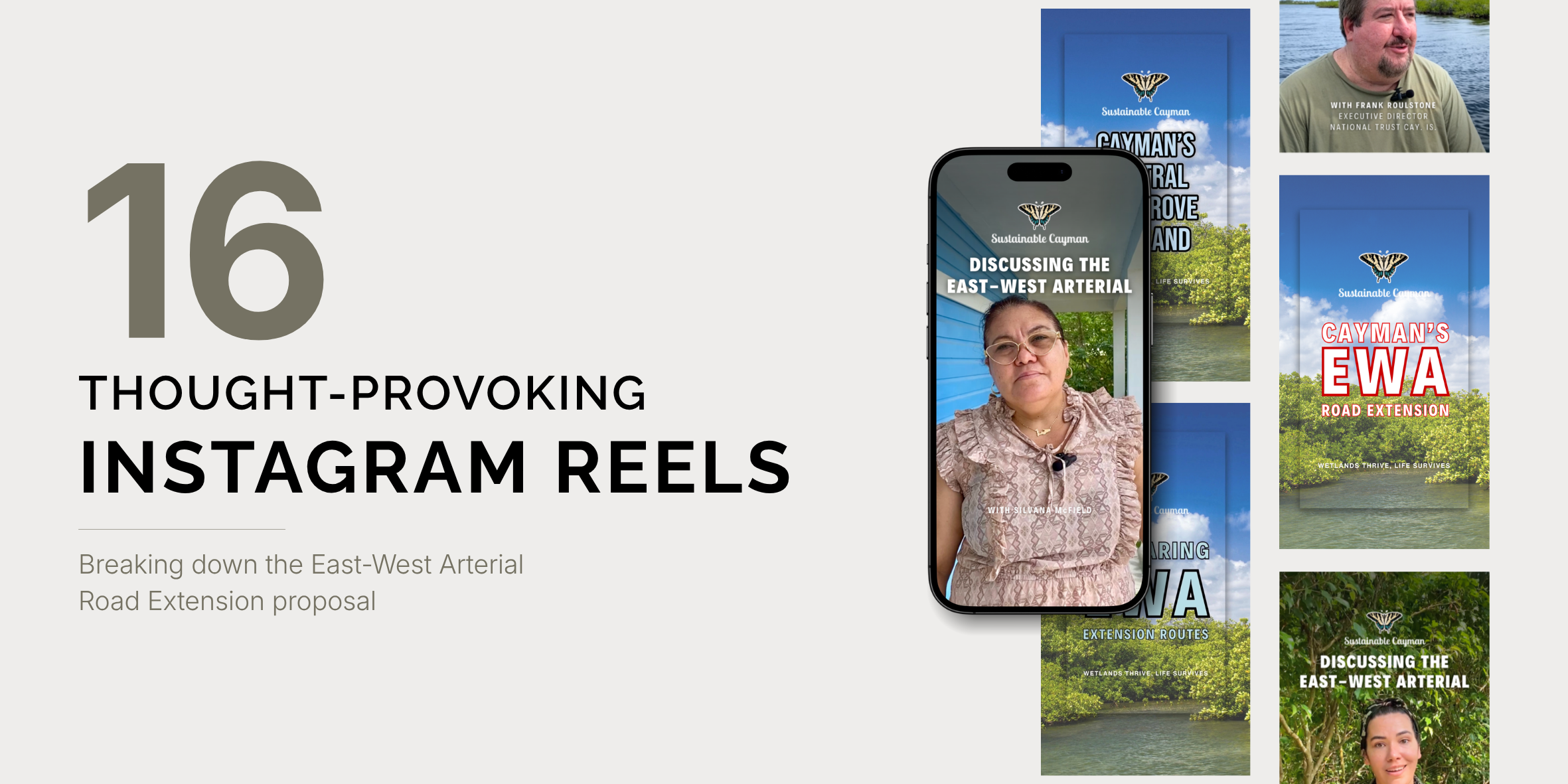 Marketing design case study header highlighting Reels from an Instagram Campaign 16 with the text ’16 Thought-provoking Instagram Reels.’ The right side shows various phone mockups of the designed Reels covers.