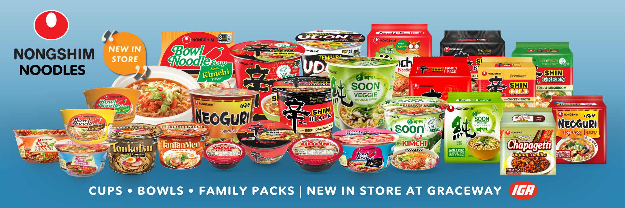 Product marketing graphic introducing Nongshim noodles at Graceway Supermarkets, featuring a large product assortment and vibrant food imagery to drive in-store awareness.
