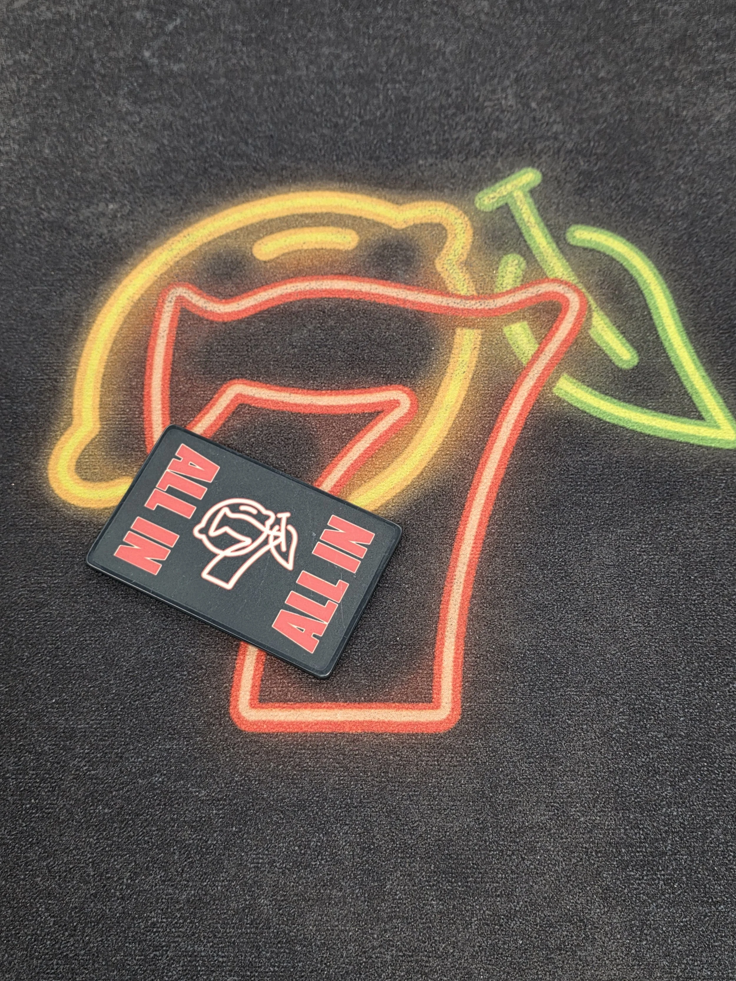 The Lemons & Sevens all-in button which says ALL IN in red block capitals and has the lemons and sevens logo on it