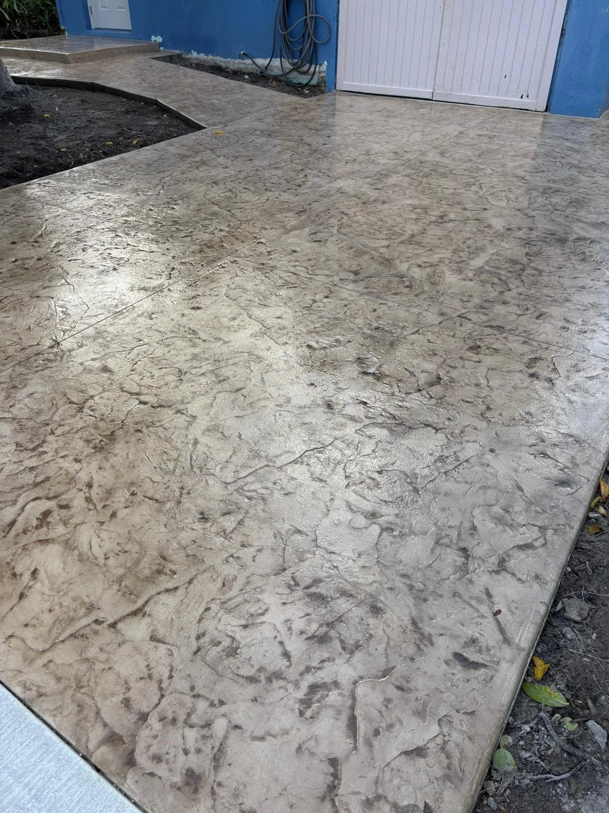 Textured stamped concrete pathway with color and sealer.
