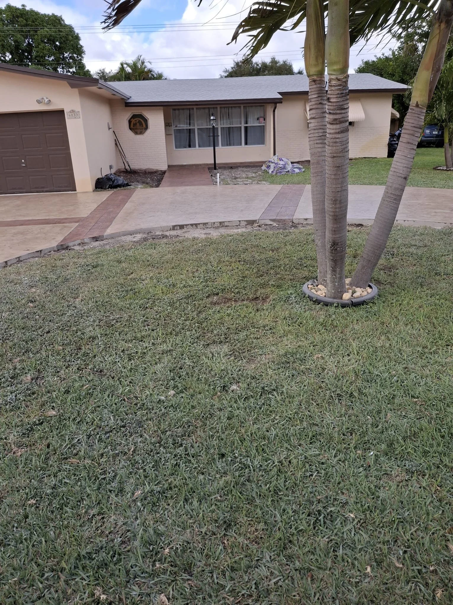 Suburban house with a large front yard, palm trees, and a Decorative Stamped driveway with decorative colored ribbons throughout. 