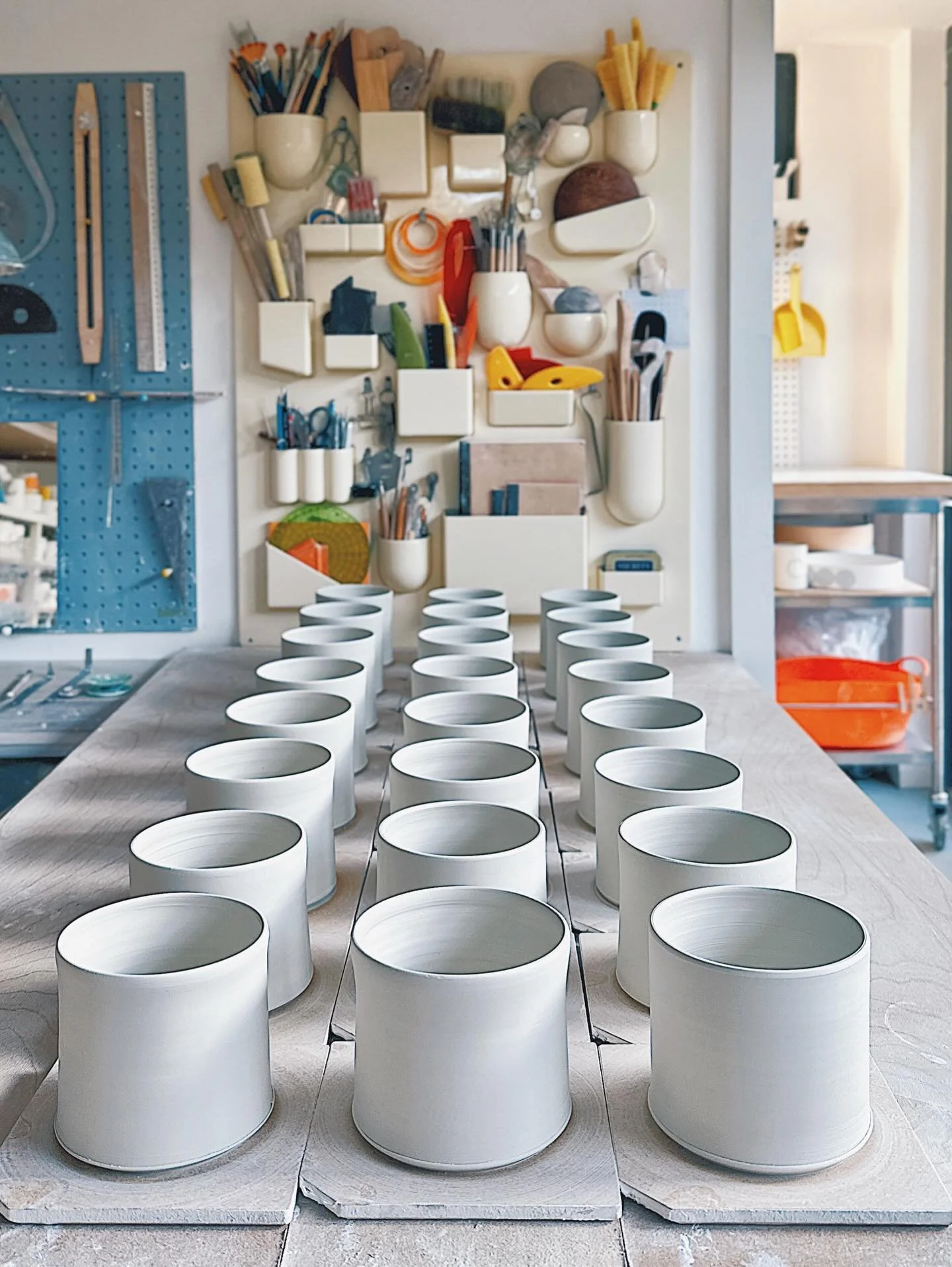 Freshly thrown mugs before turning, handling, slip decorating, firing, glazing, firing again and finally diamond polishing&hellip; just the beginning&hellip; :)
.
.
.
.
.
 #wheelthrown #porcelain #porcelainpottery #handmadeceramics #studiopottery