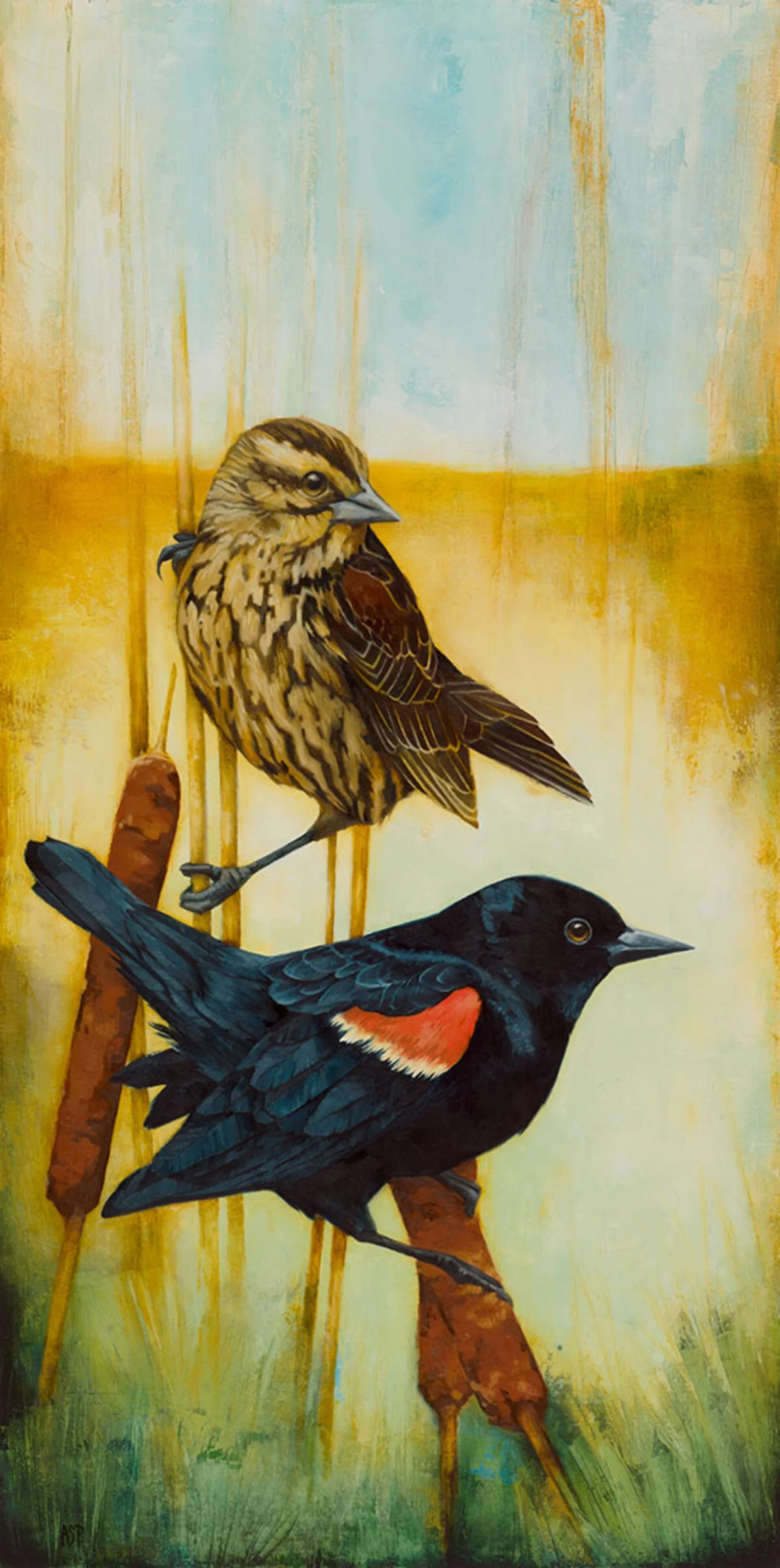   "Wood Lake Courtship" 
 (Red-winged Blackbirds) 
 Oil and Acrylic on Wood Panel 
 24 x 12 inches 
 2019-2020  