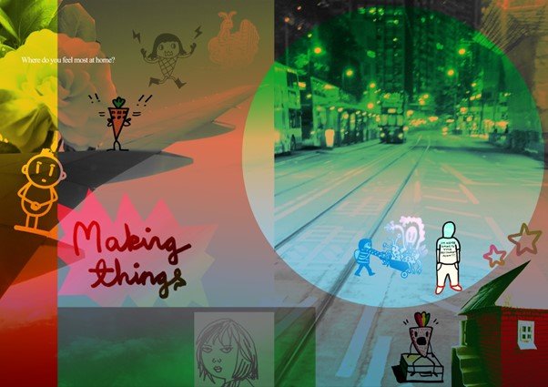 Illustration featuring photographic elements and one character from each of The Mollusc Dimension's zines (2008 to 2019).  Including: hot British Asian femme, running ice cream grrrl, LH pushing their alien baby, Mr Carrot. trans-masc cutie