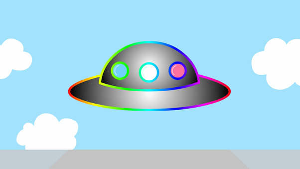 A cartoon flying saucer-style spaceship outlined in magical rainbow colours hovers above a simple grey road or runway. It has 3 portholes in trans flag colours: blue, white and pink. The sky is a light blue colour and has 3 white clouds partly seen.
