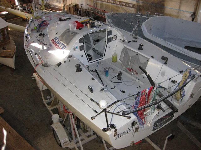 Deck of Acadia, CT built Mini-Transat race boat. 21 feet of racing machine