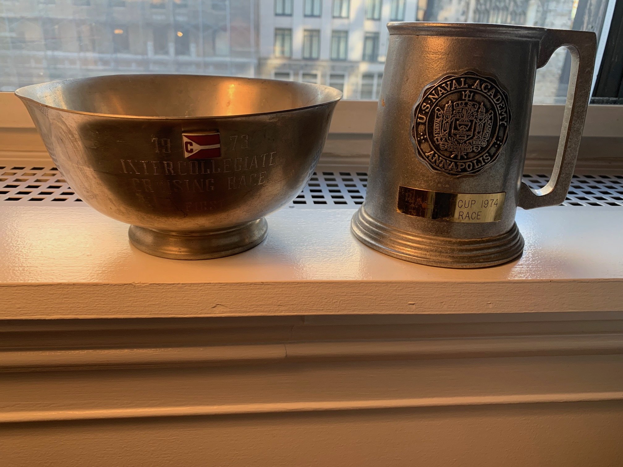 The authors legacy, trophies from the Corinthians and college big boat's grandaddy, the McMillan Cup