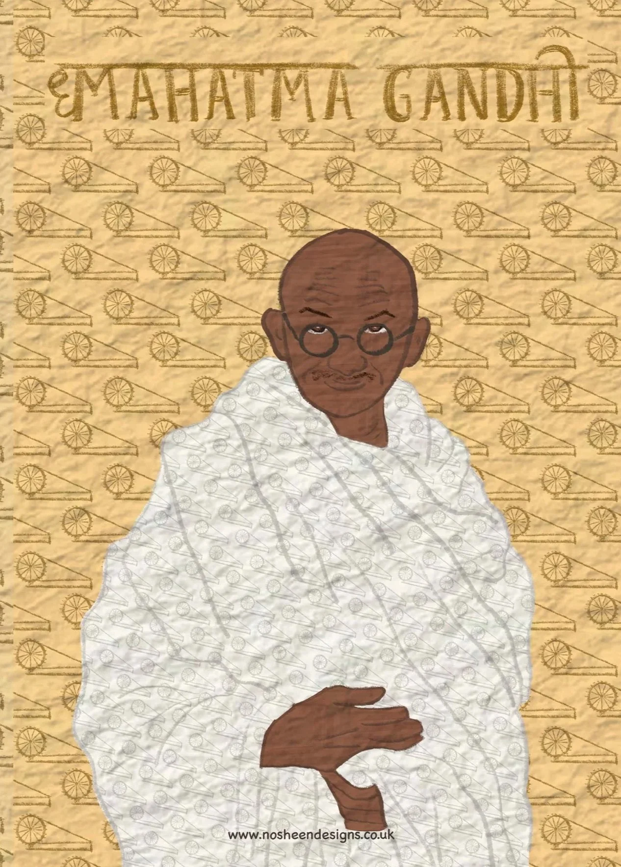 Quirky  illustration of Mahatma Gandhi dressed in a white traditional garment, with a hand on his waist, wearing round glasses, set against a patterned background with his name at the top.