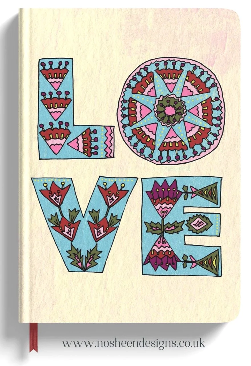 Colorful doodle artwork featuring the word 'LOVE' in large decorated letters, with detailed patterns and floral motifs within each letter, on a light background.