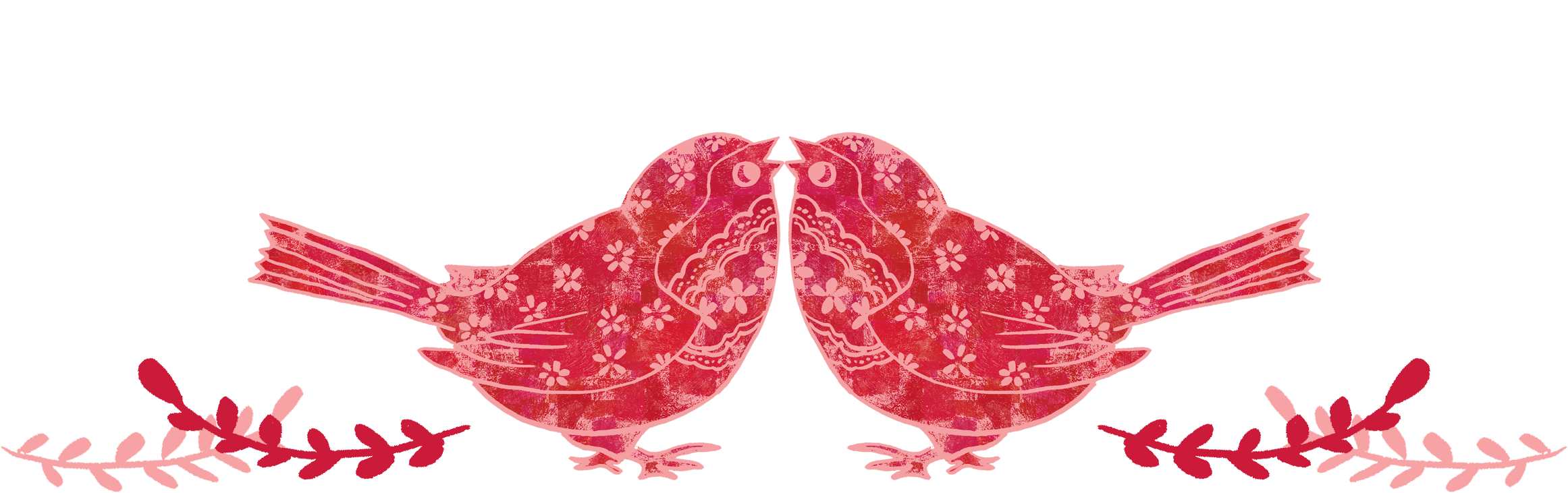 A pink and red illustration of a bird with floral patterns on its body, wings outstretched, on a pink horizontal stripe background.