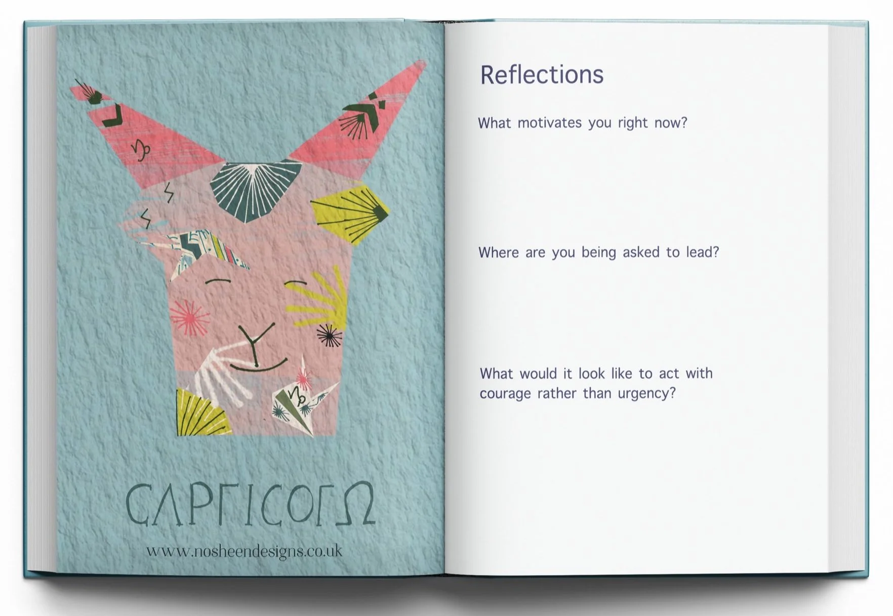 Open book with a picture of a pink Capricorn goat made of collage with various patterns and colors on the left page, and reflection questions on the right page about motivation, leadership, and courage.