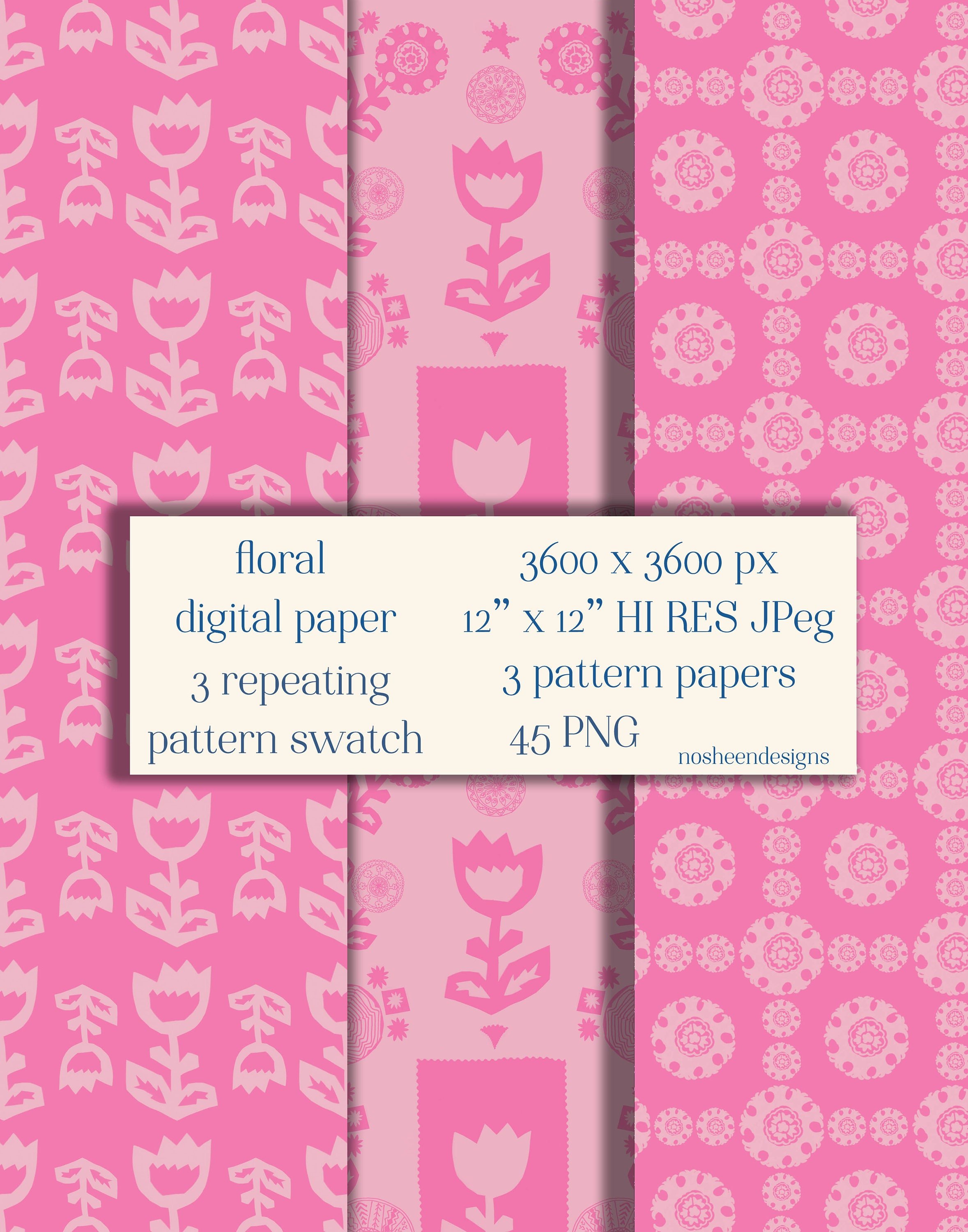 3 hand made floral pattern swatches and pattern papers, 45 png